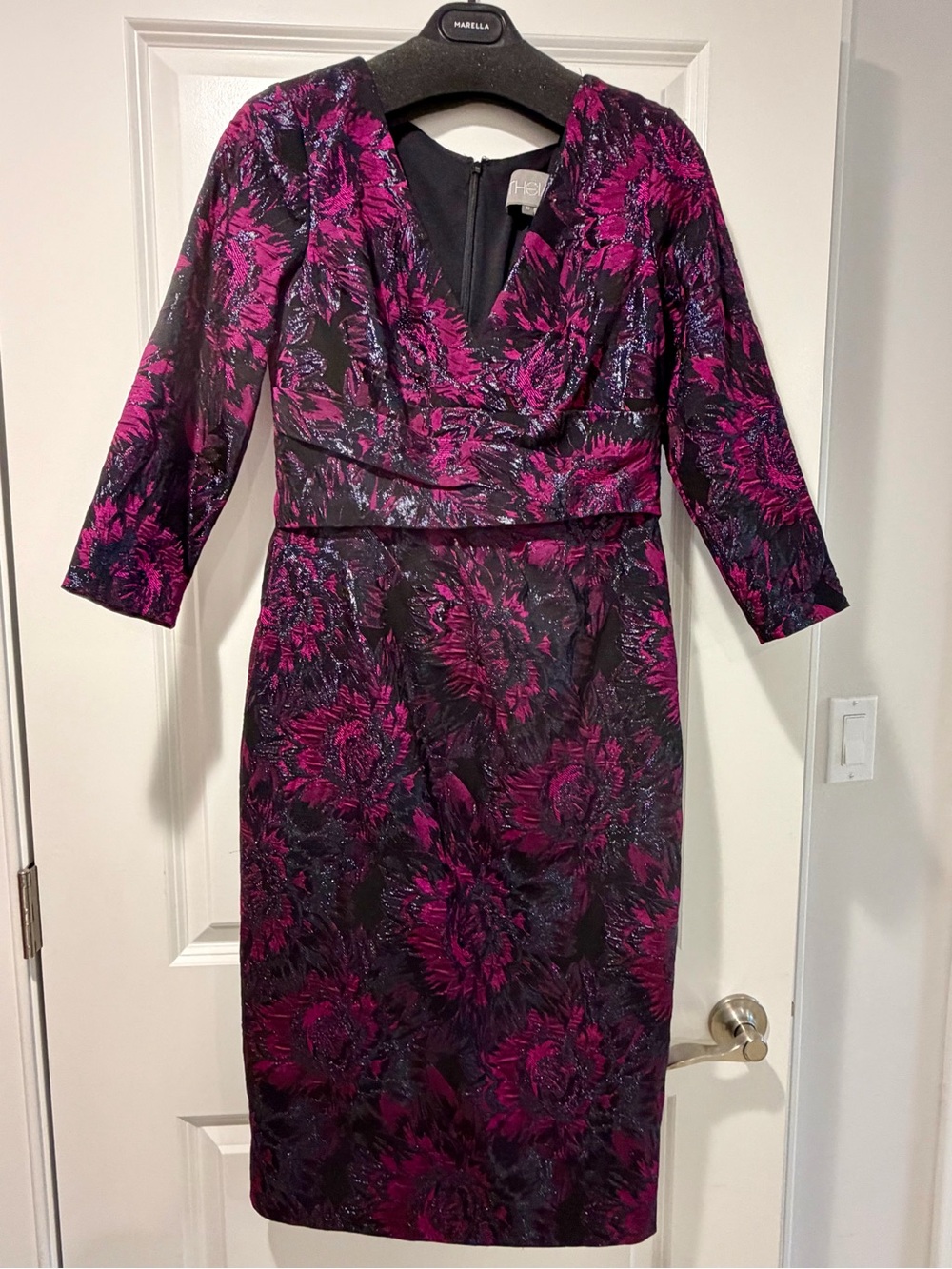 Theia Magenta and Black Long Sleeve Floral Sheath Dress